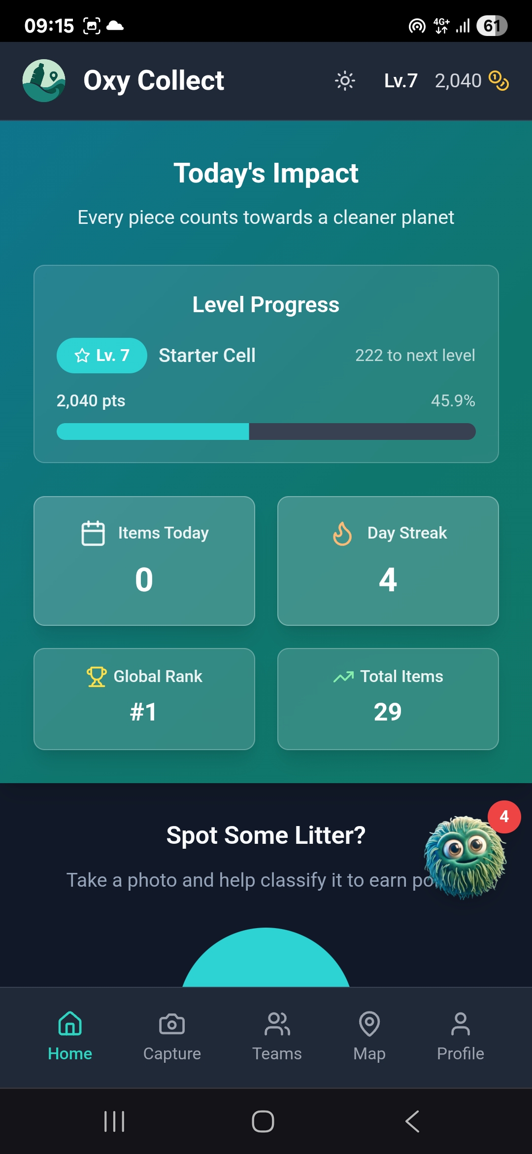 Advanced Oxy Collect user dashboard showing level 7 progress, 2040 points, #1 global ranking, and 29 total items tracked for environmental monitoring
