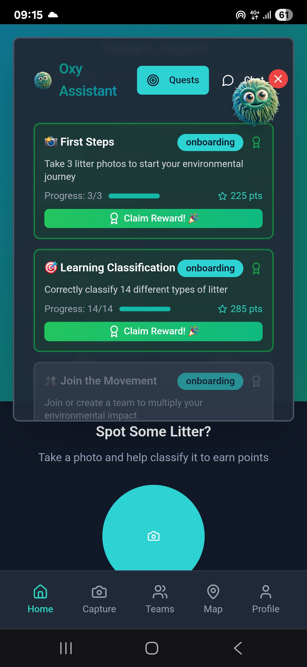 Oxy Collect app showing quest system with environmental challenges, progress tracking, and reward claiming for citizen science activities
