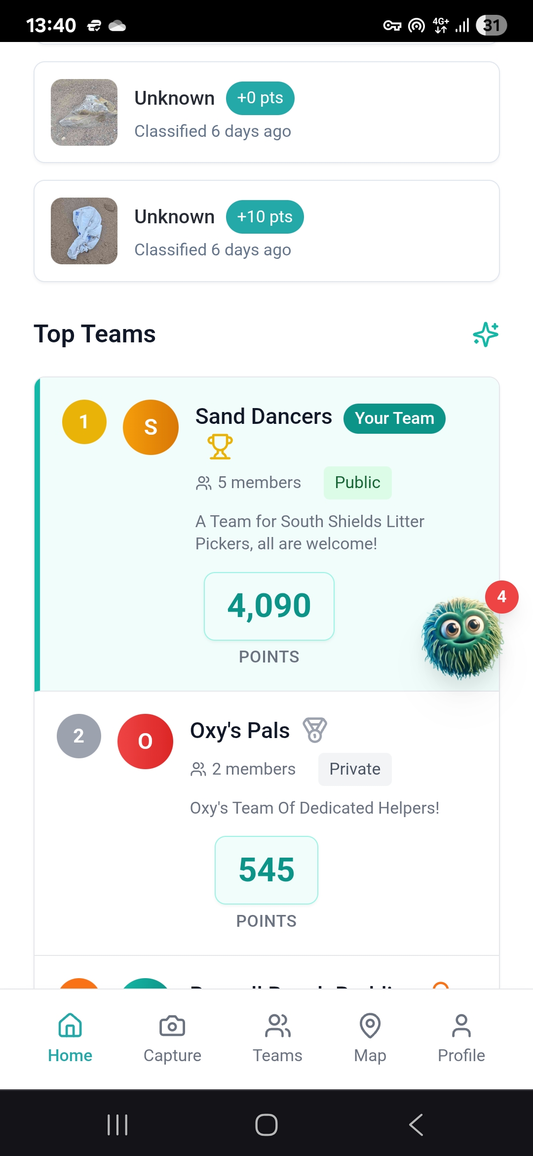 Oxy Collect teams feature showing collaborative environmental monitoring with Sand Dancers team (4,090 points) and Oxy's Pals team, demonstrating community-driven citizen science